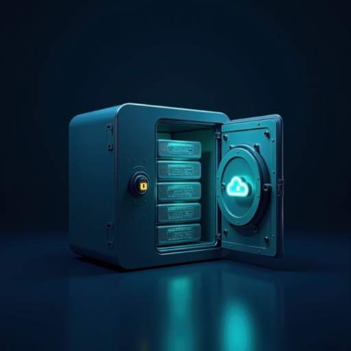 A high-tech vault with glowing data boxes inside, representing secure file migration to Microsoft 365 SharePoint.